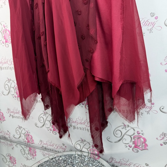 Once again fairy skirt Y2K red Asymmetrical Denim Waist Burgundy Tulle Skirt - Picture 3 of 12